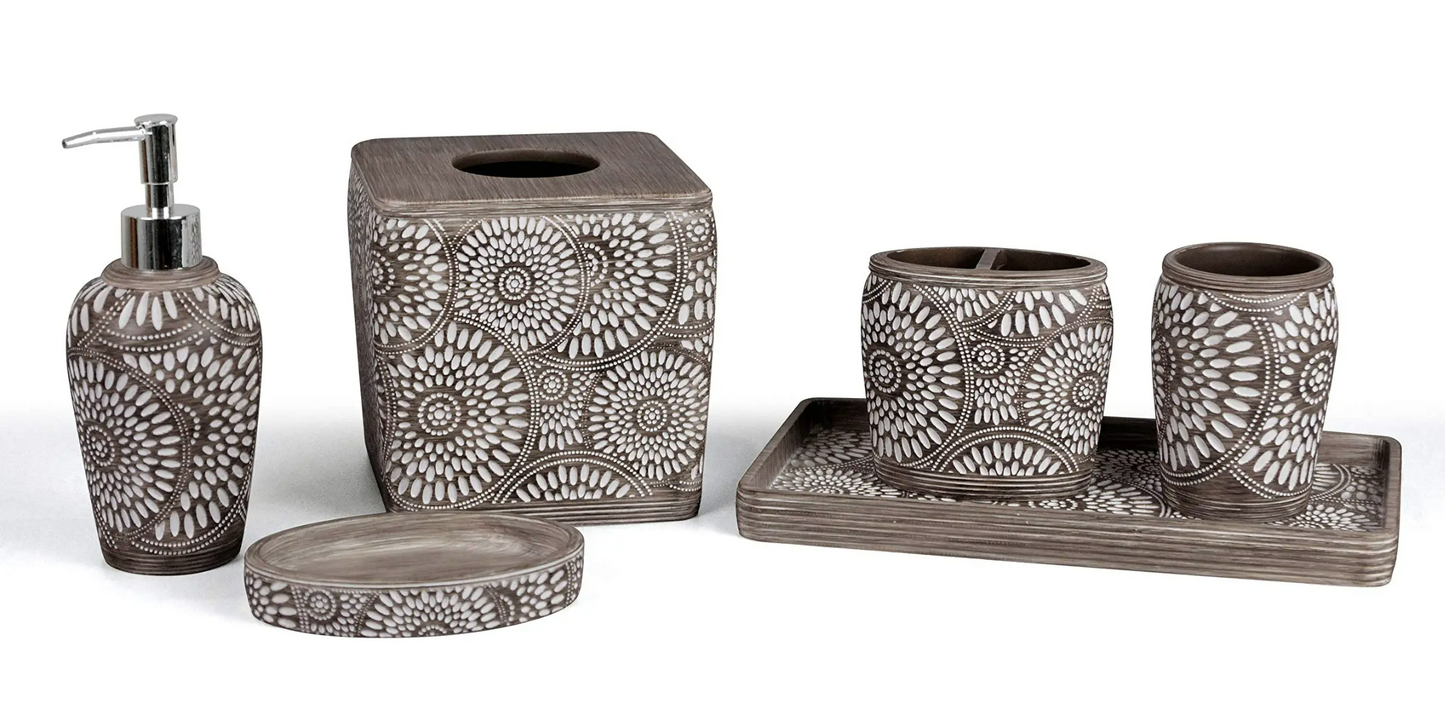 6 Piece Brown Tribal Poly Resin Bathroom Accessory Set - #EH-0410
