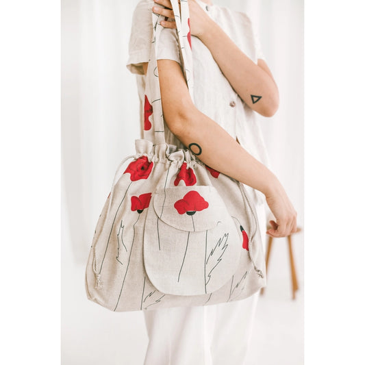 Handmade Linen Drawstring Bucket Bag POPPIES