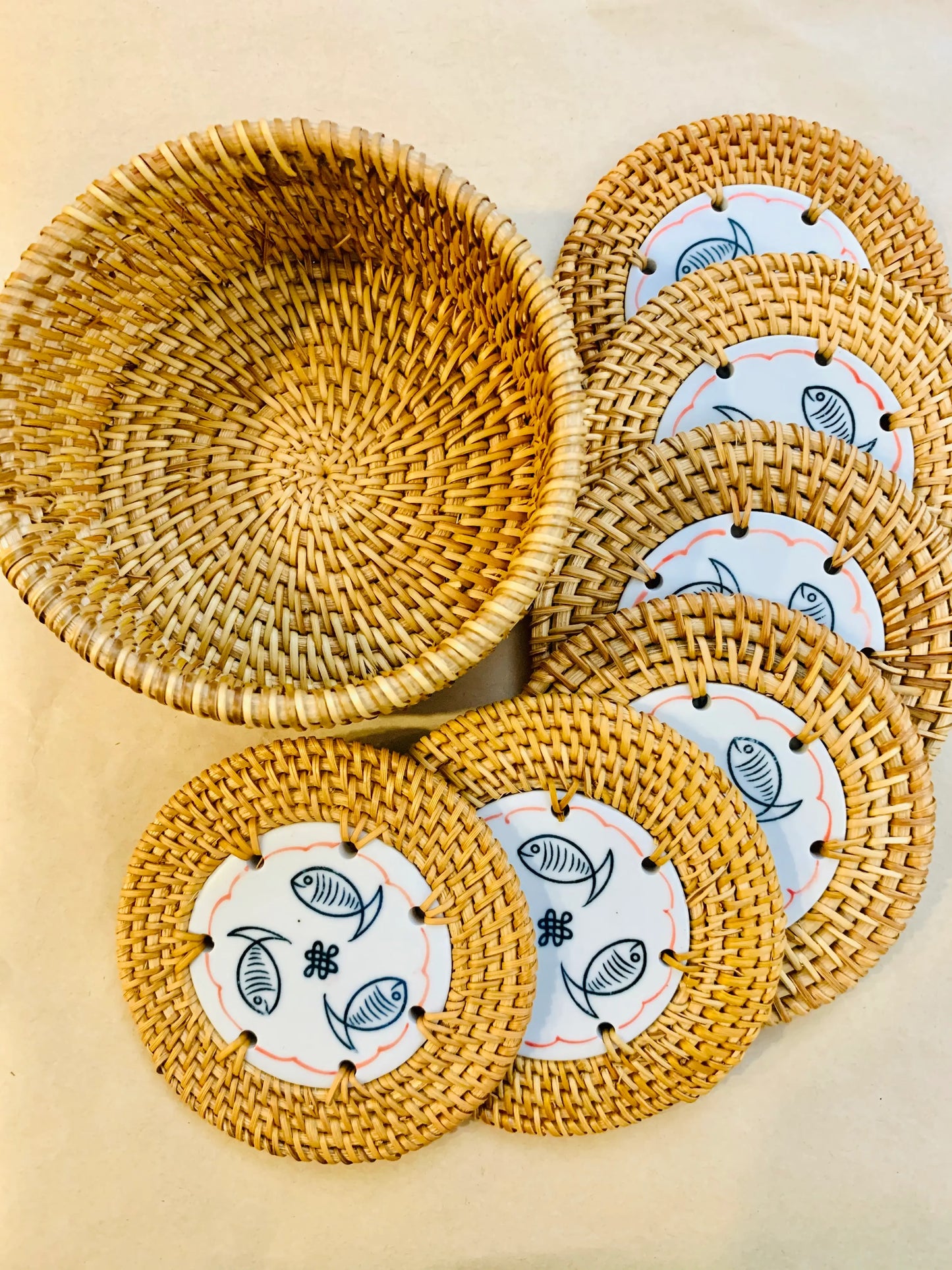 6 rattan coasters with Rattan Holder - #EH-0504