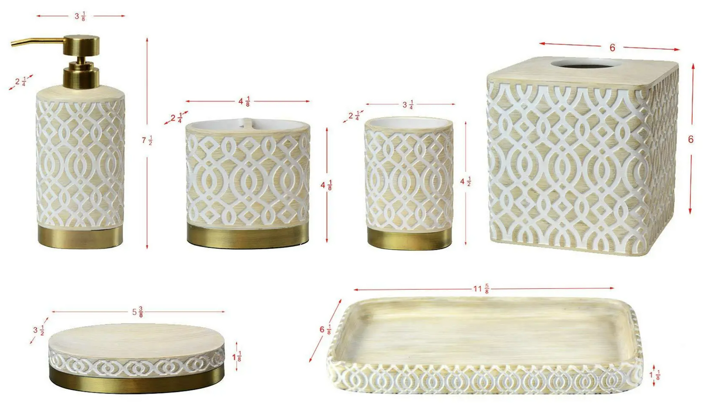 6 Piece Gold White Poly Resin Bathroom Accessory Set - #EH-0411