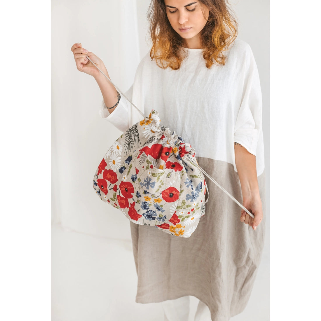 Handmade Linen Drawstring Bucket Bag WILDFLOWERS