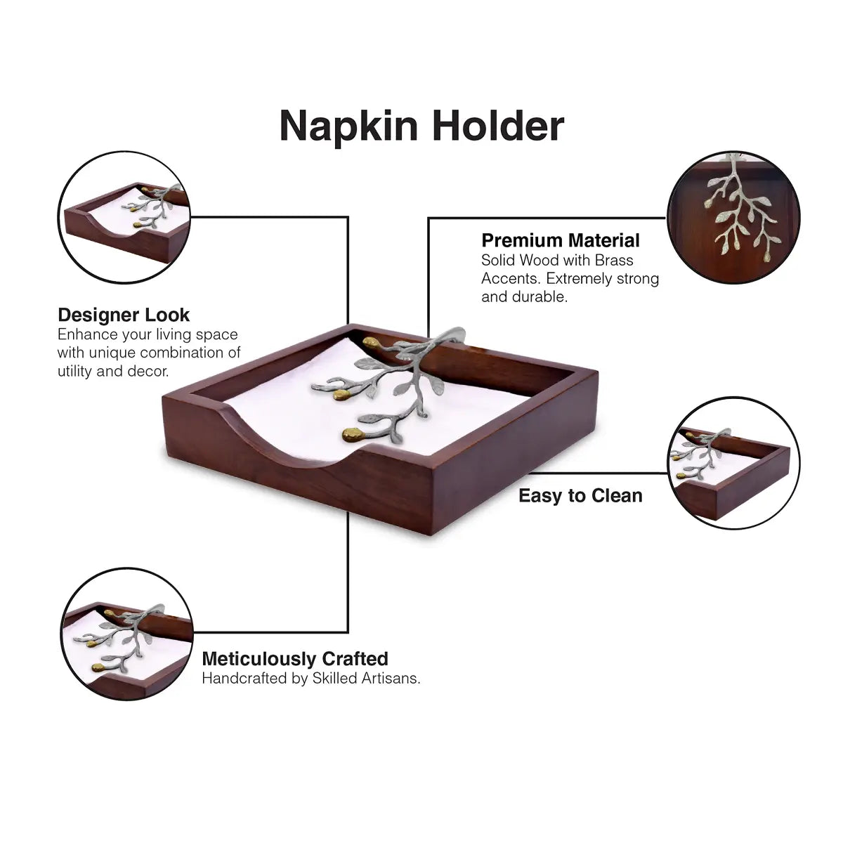 Wooden Napkin Holder Metal Arm in Silver Gold finish Com - #EH-0402